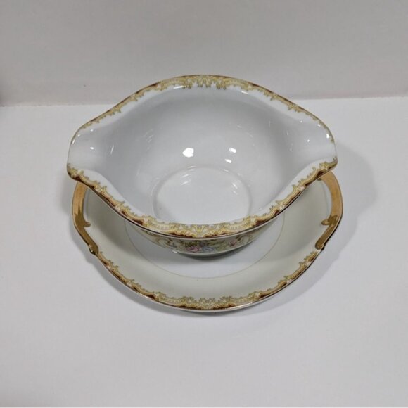 Renwiok Japan Porcelain Gravy Boat Attached Underplate Gold Trim Floral Design - Picture 5 of 13